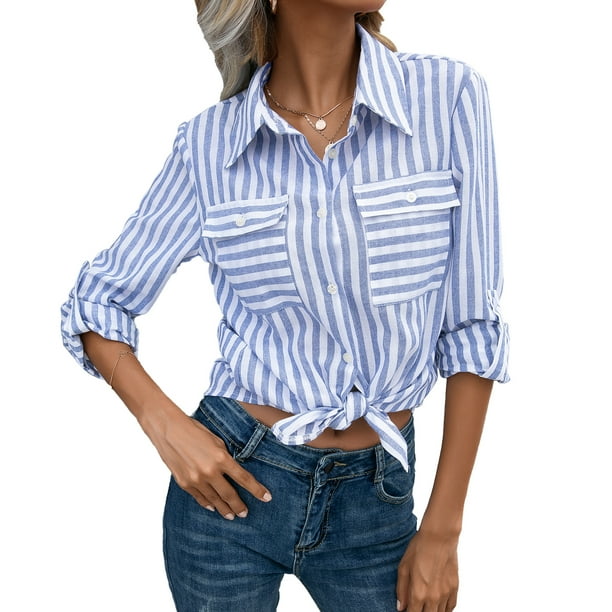 Blusa a rayas de manga larga para mujer, bolsillos con botones, camisa casual vintage con puños Abanopi Azul/Medio