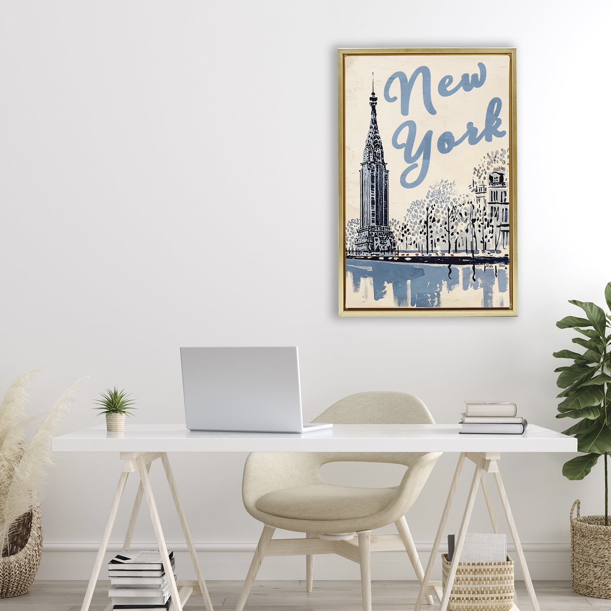 Stupell Industries Blue & Beige New York Travel Gold Framed Floater Canvas Wall Art, design by Annabelle Hall