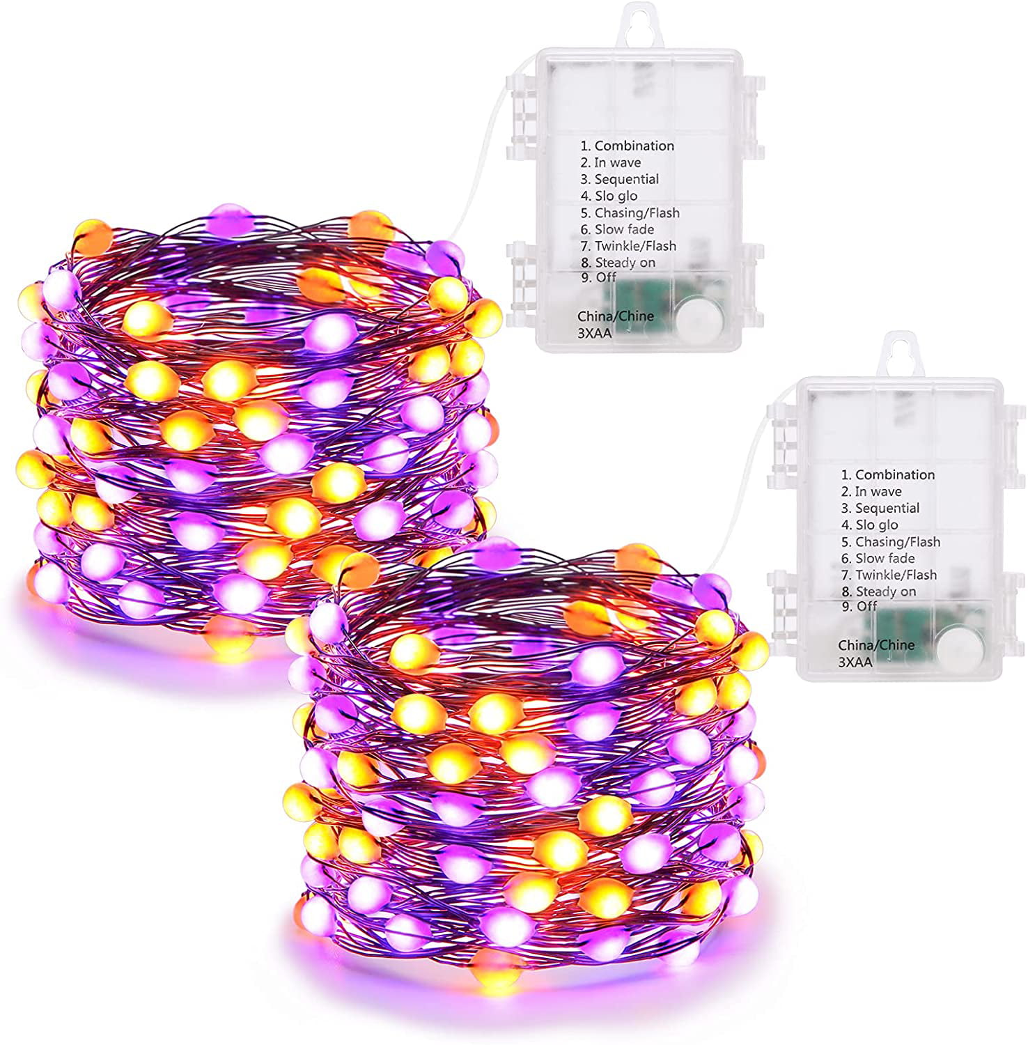 Orange Halloween Lights 2 Pack Fairy Twinkle Lights 16.4Ft 50 LED 2 Modes
