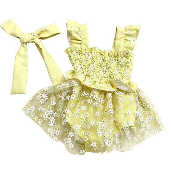 yocbz Infant Girl Clothes Infant Clothes Baby Girl Clothes Newborn Romper Dress Infant Lace Ruffle Sleeveless Summer Outfits with Headband Yellow,0-3 Months