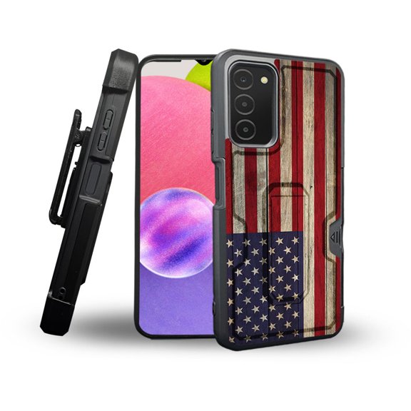 ANJ  Rugged Shockproof Holster Case Card Slot Kickstand   Tempered Glass Cover for Samsung Galaxy A03s - American Flag on Wood