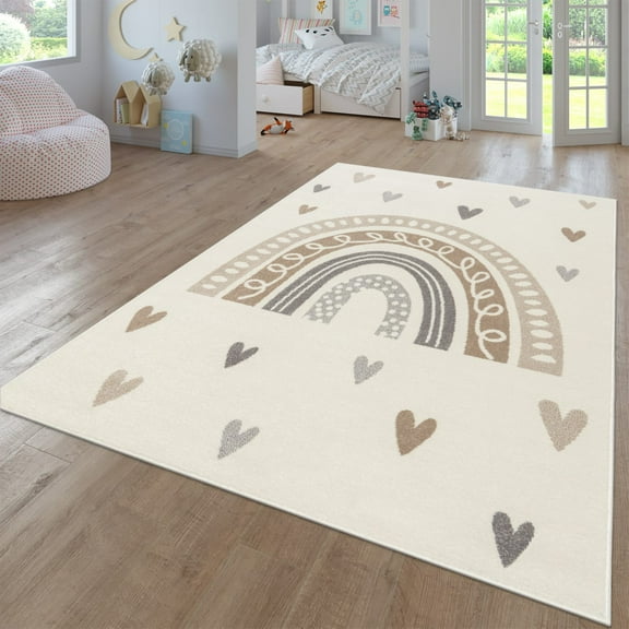 Paco Home Kids Rug with Rainbow and Hearts in Beige - 2'8" x 4'11" (3'x5')