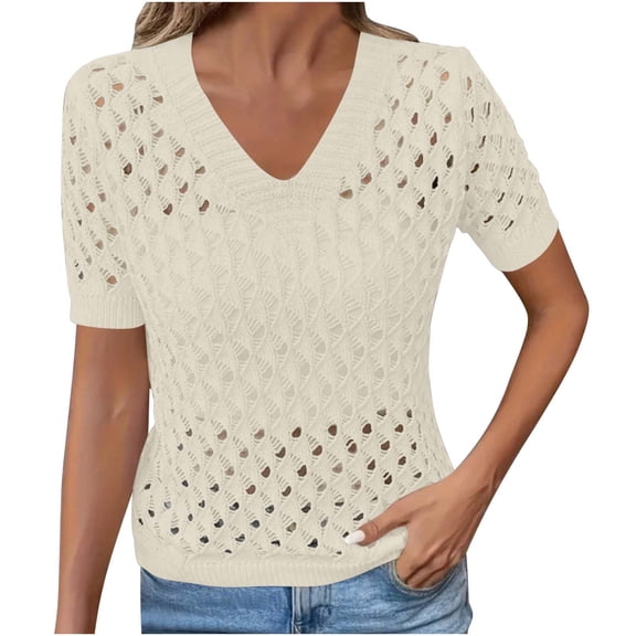 Posijego Women's Knit Sweater Short Sleeve Tops Summer Cutout Knit Pullover Sweaters Beach Vacation Tunic Tops