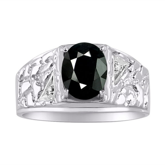 Genuine 3 Carat Oval Midnight Blue Sapphire & Natural Diamonds Set in Nugget Designer Style Sterling Silver 925 Ring