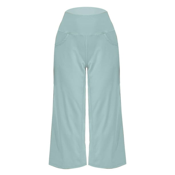 Gibobby pantalones para mujer Pantalones de yoga de pierna ancha para mujer Pantalones deportivos elásticos de talle con bolsillos Pantalones rectos casuales (Aqua, L)