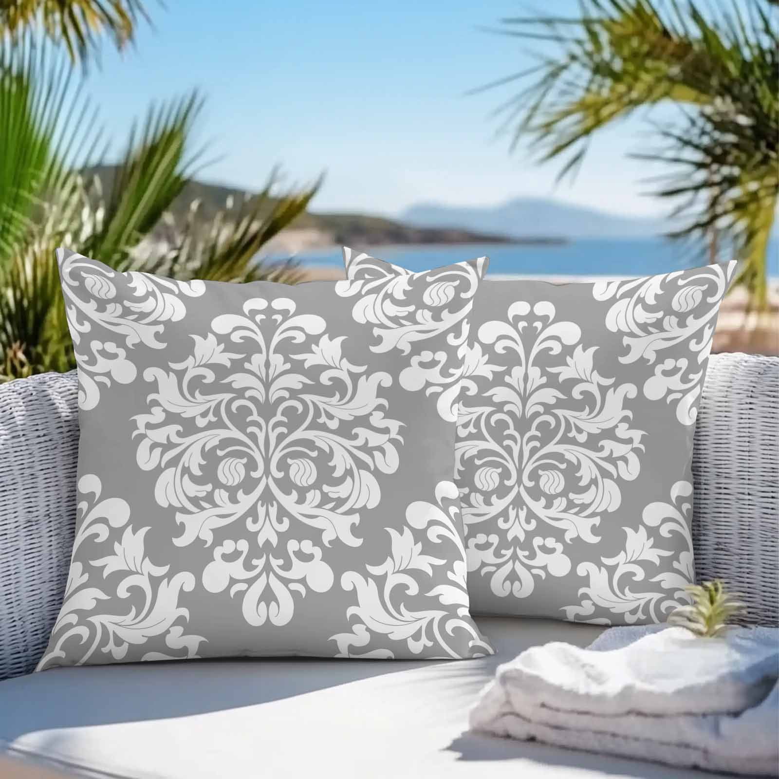 Baroque Grey Outdoor Pillow Covers 24x24 Inch Throw Pillow Covers Set of 2 Waterproof Decorative Pillow Cases Vintage Damask Classic Floral Cushion Covers for Patio Furniture Garden Couch Sofa