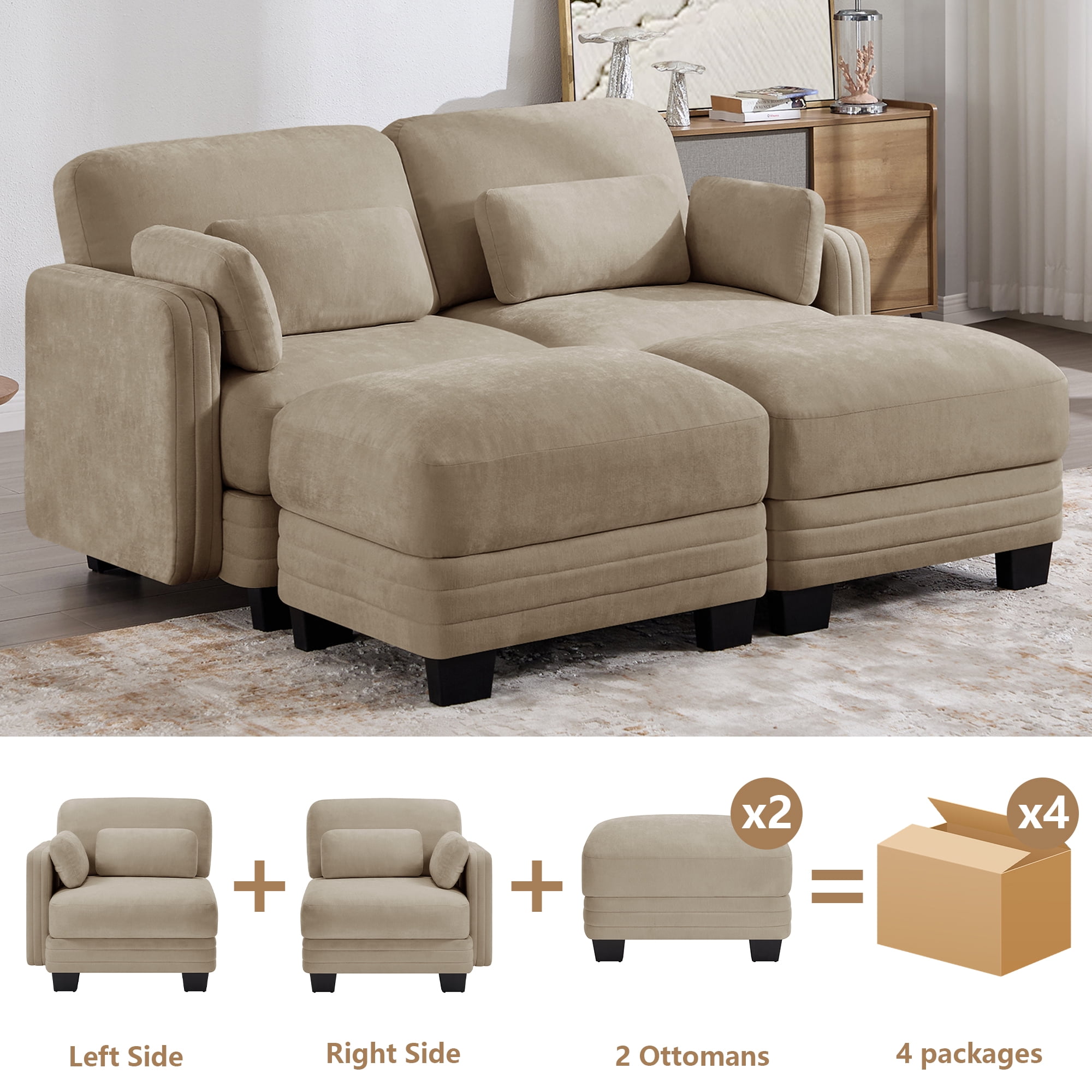 70" Modern Modular 2 Seater Loveseat Sofa Couch with 2 Ottoman and 4 Pillows