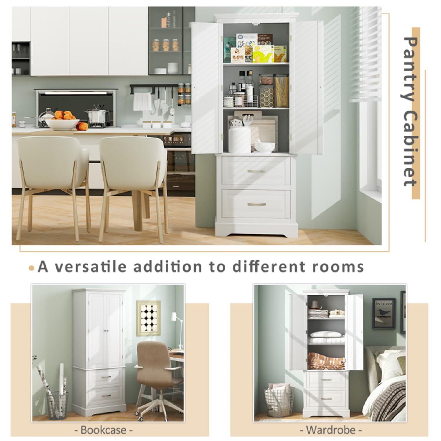 Demi Bonn 62" Tall Corner Cabinet Freestanding Bathroom Cabinet with Adjustable Shelves and 2 Drawers, Corner Cabinet for Bathroom, Kitchen, Living Room, White