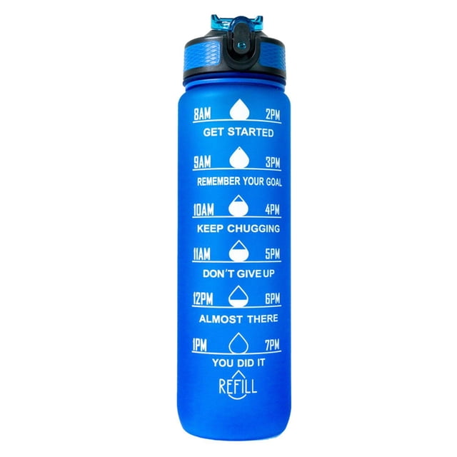 Botella motivacional de 1lt con popote plástico integrado azul Agua 1 HAPPY ME Botella Motivacional