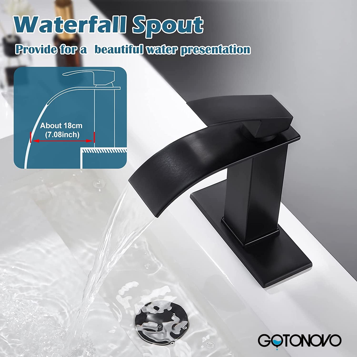gotonovo Matte Black Bathroom Sink Faucet Waterfall Spout Single Handle 1 Hole Deck Mount Mixer Tap Lavatory Vanity Sink Faucet Commercial with Deck Plate and Pop Up Drain