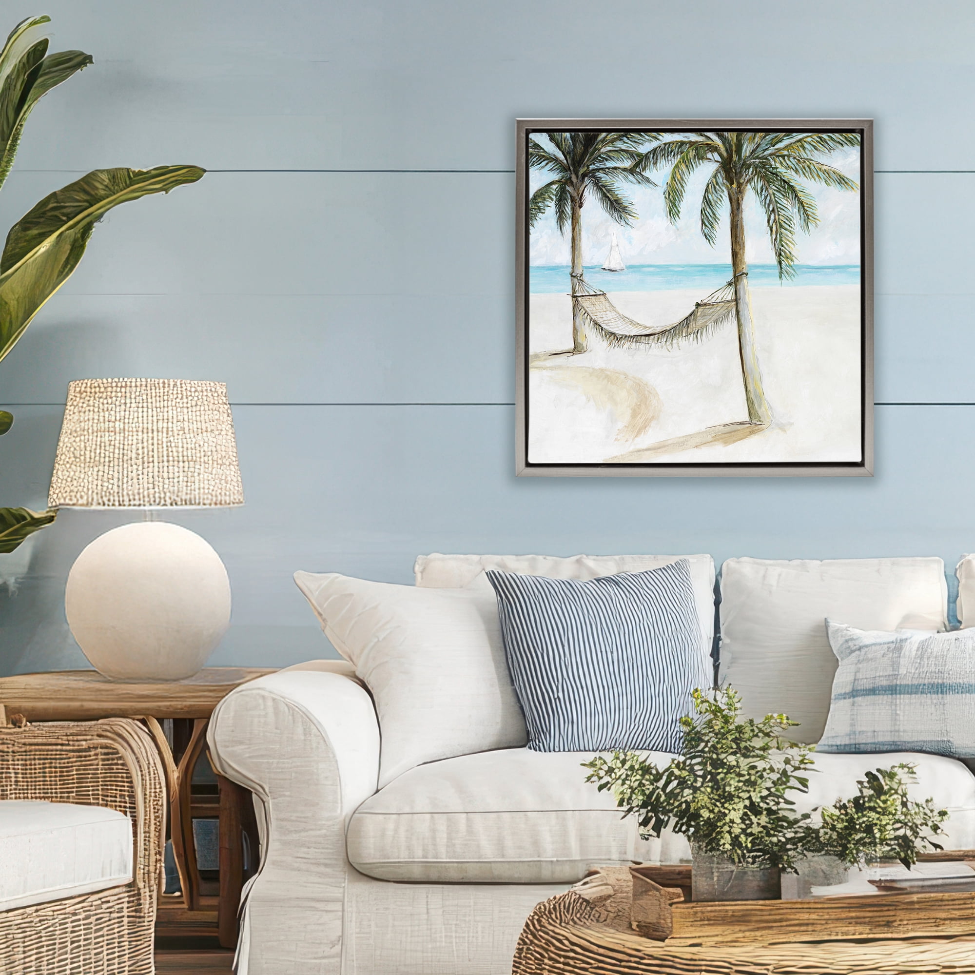Stupell Industries Beach Hammock Coastal Scene Gray Framed Floater Canvas Wall Art, design by Lorenzo Collective