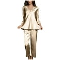 thumbnail image 4 of qolati Women Satin Pajama 2 Piece qolati Silk Pjs Set Soft Lace Trim V Neck Long Sleeve Tops and Long Pants Lounge Set Sleepwear, 4 of 7