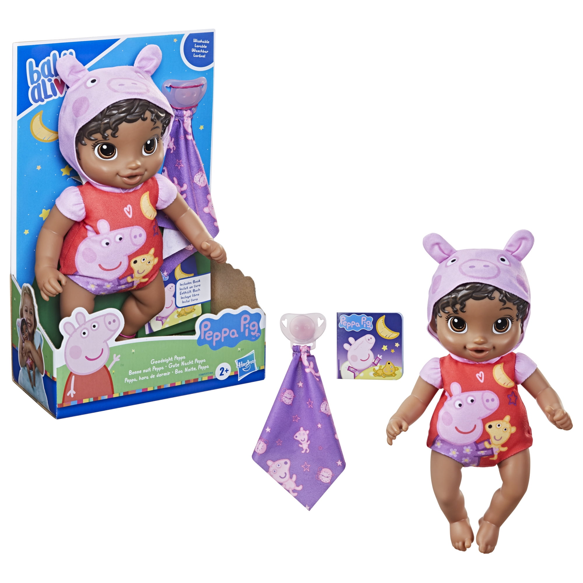 Baby Alive Goodnight Doll, Peppa Pig Toy, Soft, Kids 2 and Up, Black Hair