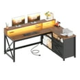 thumbnail image 3 of Farmhouse L-Shaped Desk with Power Outlets & LED Lights for Home Office, Large Computer Desk with Monitor Stand & Storage Drawer & File Drawer, Corner Computer Desk with 5 Open Storage Space, Black, 3 of 9