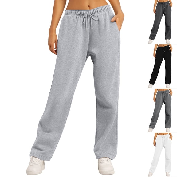 Women's Straight Leg Sweatpants Fleece Lined Baggy Wide Leg Lounge Pants Light Gray M