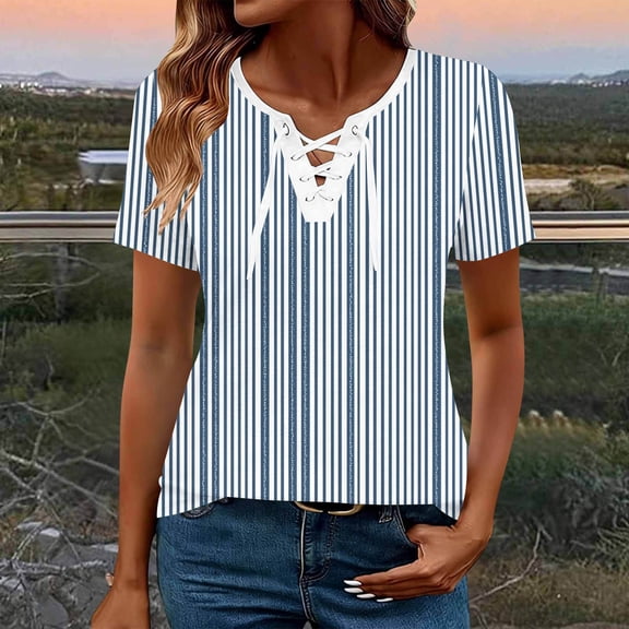 Favoffer Womens Printed Blouses V Neck Tie Front Short Sleeve Loose Fit Casual Tops Soft Shirts for Holiday Street Dating Weekend