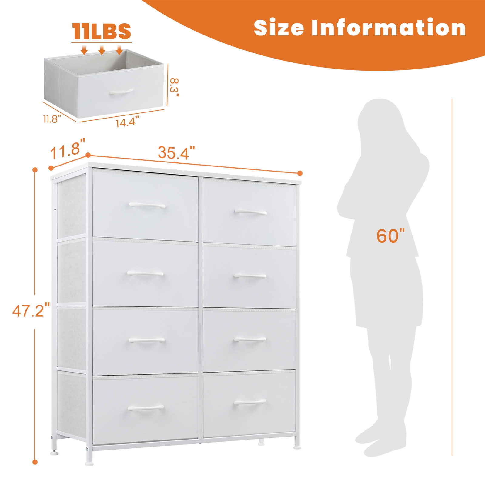 MAYEERTY 8 Drawer Dresser, Fabric Storage Dresser for Bedroom, Living Room, White