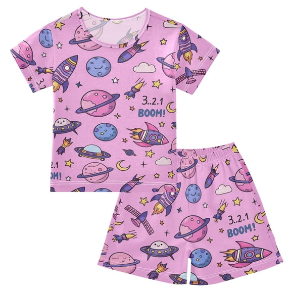 joogoo Space Rocket Planets Pattern Pajama Sets Short Sleeve Cotton 2-Piece Sleepwear 10Y