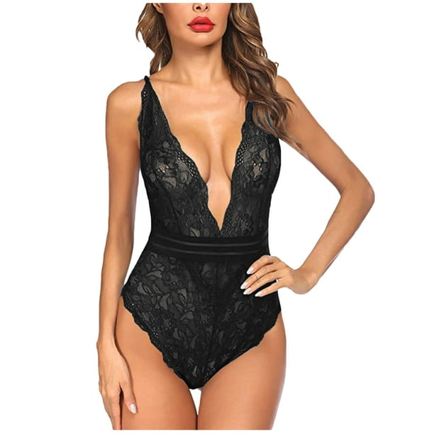 Xzngl Lingerie For Women Bodysuit Jumpsuit Women Lace Lingerie Deep V Neck Bodysuit Blackless 