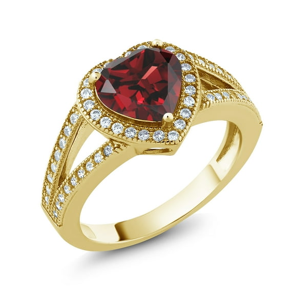 Gem Stone King 18K Yellow Gold Plated Silver Ring Heart Shape Garnet and Moissanite (2.29 Cttw) (Size 6)