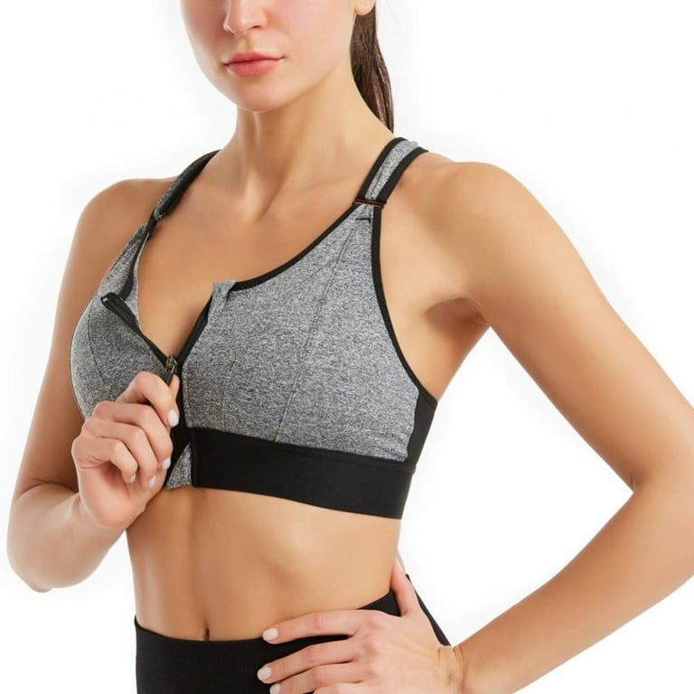 Women's Sport Bras Front Closure Zipper Adjustable Straps Shockproof Wireless  Post-Surgery Bra Wireless Closure Yoga Bra（Gray,L） 