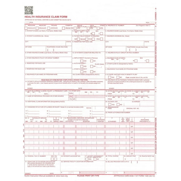 Health Insurance Claim Forms, New CMS-1500, HCFA (04/14 Medicare Approved 02/12 Version), 1-Part, 8.5" x 11" 24-lb Paper - 1 CASE OF 2500 SHEETS/FORMS