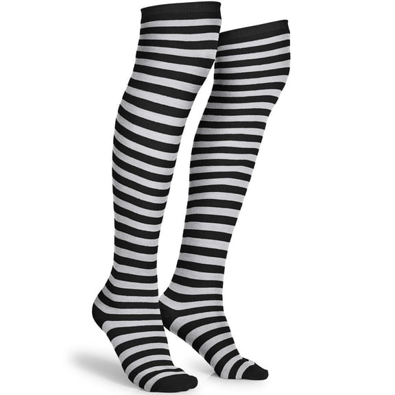 Skeleteen Black and White Socks - Over The Knee Striped Thigh High Accessories Stockings for Men, Women and Kids