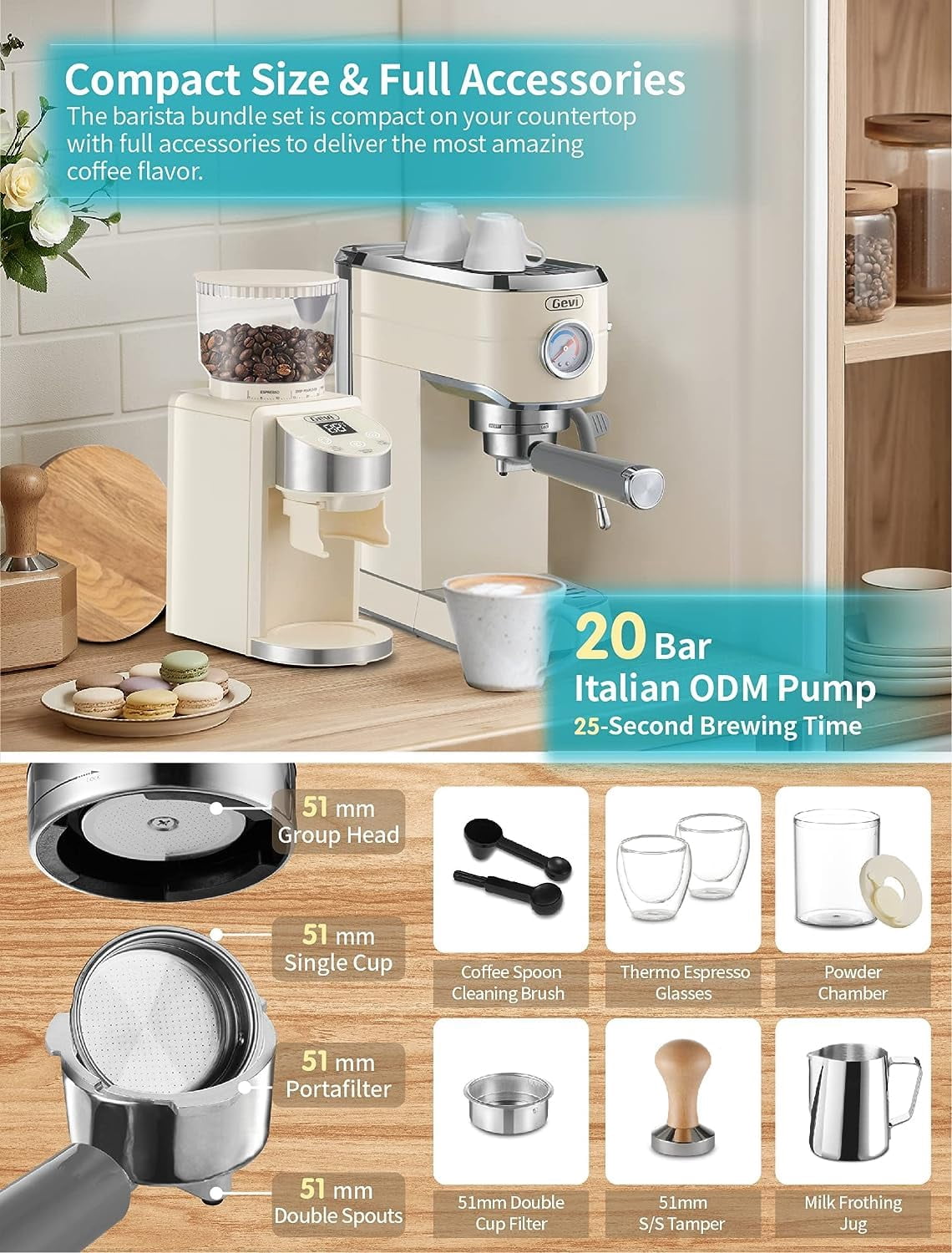 20 Bar Professional Espresso Coffee Machine with Milk Frother/Steam Wand for Espresso, Latte and Cappuccino, with 35 Precise Grind Settings Burr Coffee Grinder