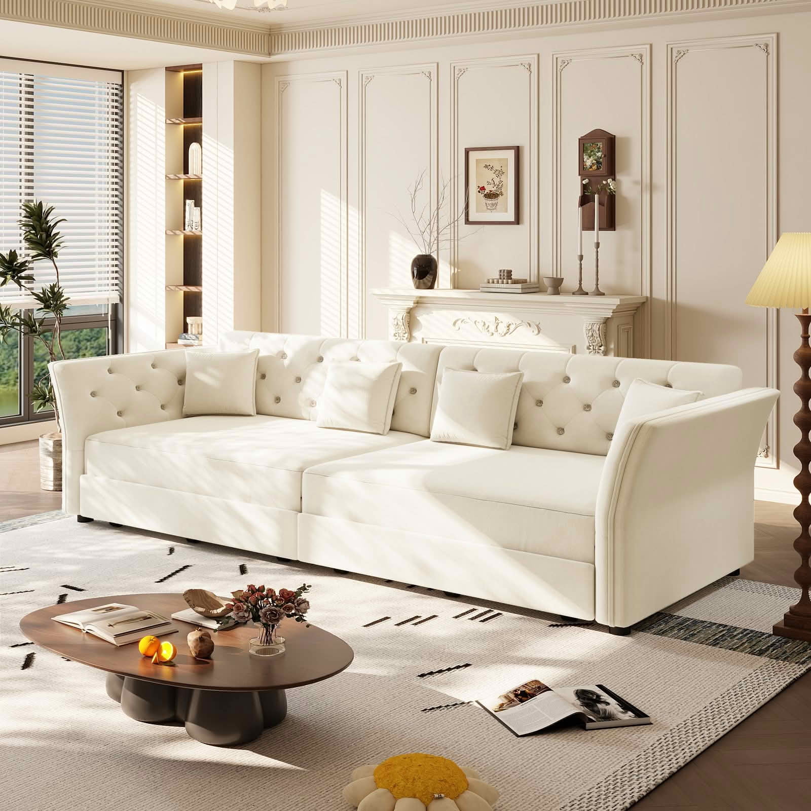 MAYEERTY 100" Oversize Pull‑Out Velvet Sofa Bed, Convertible Sleeper Couch with Handmade Flower Tufted, 4 Pillows Included for Living Room, Bedroom and Apartment