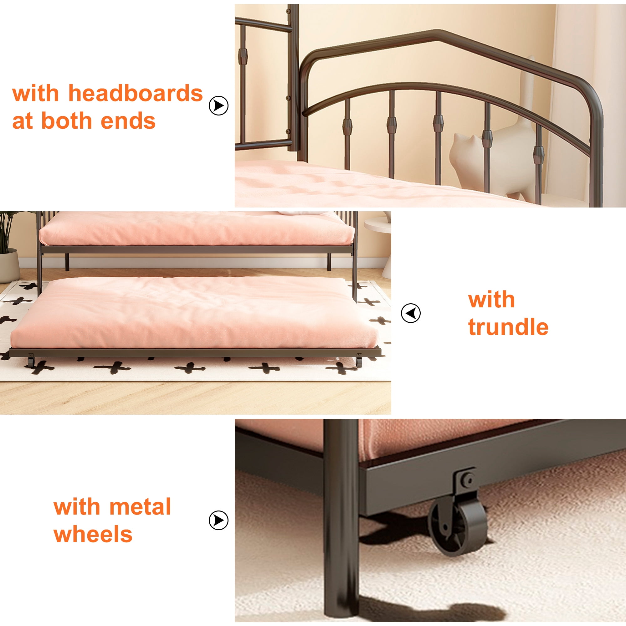 Miniyam Metal Twin Daybed with Pull Out Twin Trundle,Trundle Bed for Living Room Guest Room,Black(Mattress not included)
