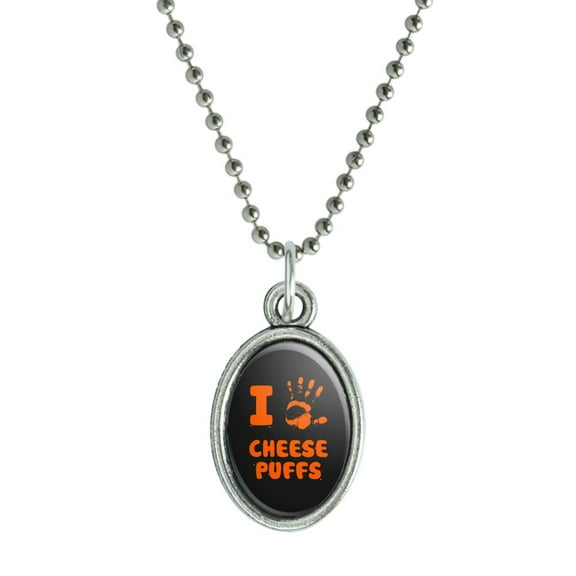 I Love Cheese Puffs Hand Print and Crumbs Funny Antiqued Oval Charm Pendant with Chain