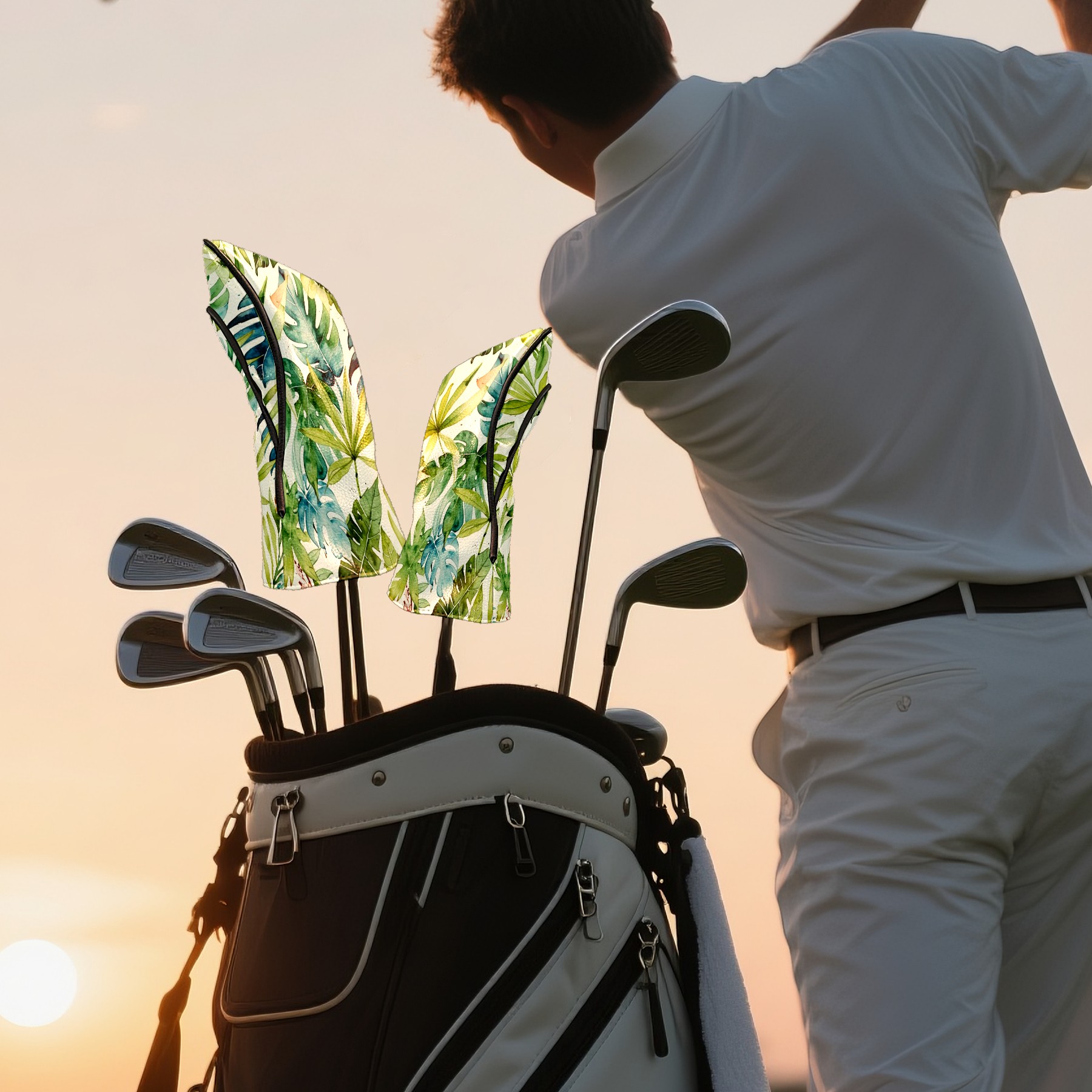 Golf Club Covers, Green Leaves Premium PU Leather Driver Hybrid Putter Head Covers with Velvet Lining, Waterproof Golf Gifts for Men Women