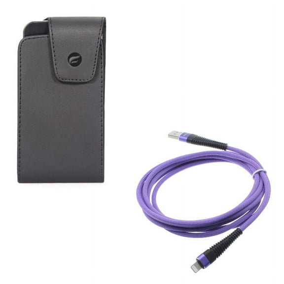 10ft USB Cable w Case Belt Clip for iPhone 8/7/6S/6 - Purple Charger Cord Power Wire Braided, Leather Swivel Holster Vertical Cover for iPhone 8/7/6S/6 Models