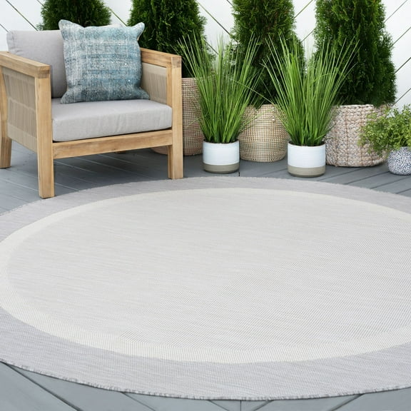 8ft Round Water Resistant, Large Indoor Outdoor Rugs for Patios, Front Door Entry, Entryway, Deck, Porch, Balcony | Outside Area Rug for Patio | Gray, Solid Border | Size: 7'10'' Round