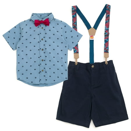 

Marvel Spider-Man Toddler Boys Button Down Shirt Twill Shorts Suspenders and Bow-Tie 4 Piece Outfit Set Blue 4T