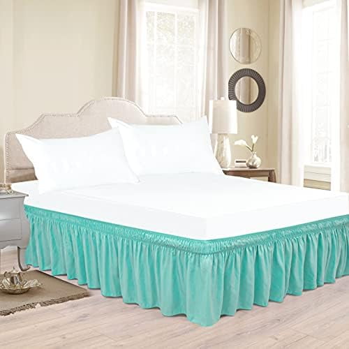 Wrap Around Bed Skirts for King & Cal King Beds with Short Drop of 12", Aqua Adjustable Elastic Dust Ruffles Easy Fit Wrinkle Resistant Silky Luxurious Fabric Machine Washable
