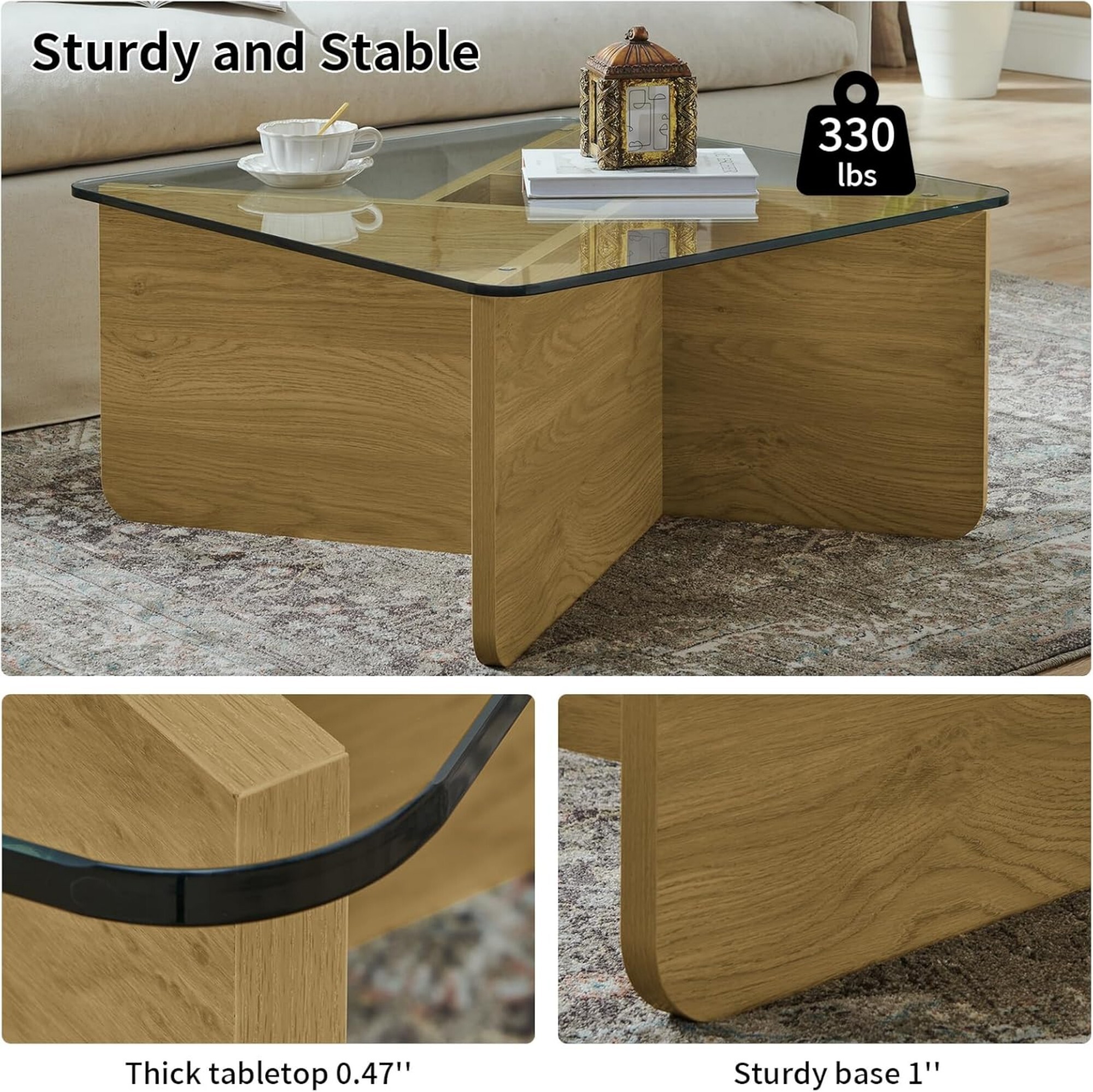 AENKYO Modern 31.5" Square Glass Coffee Table with Tempered Glass Top and Wooden X-Frame Base, Natural Color