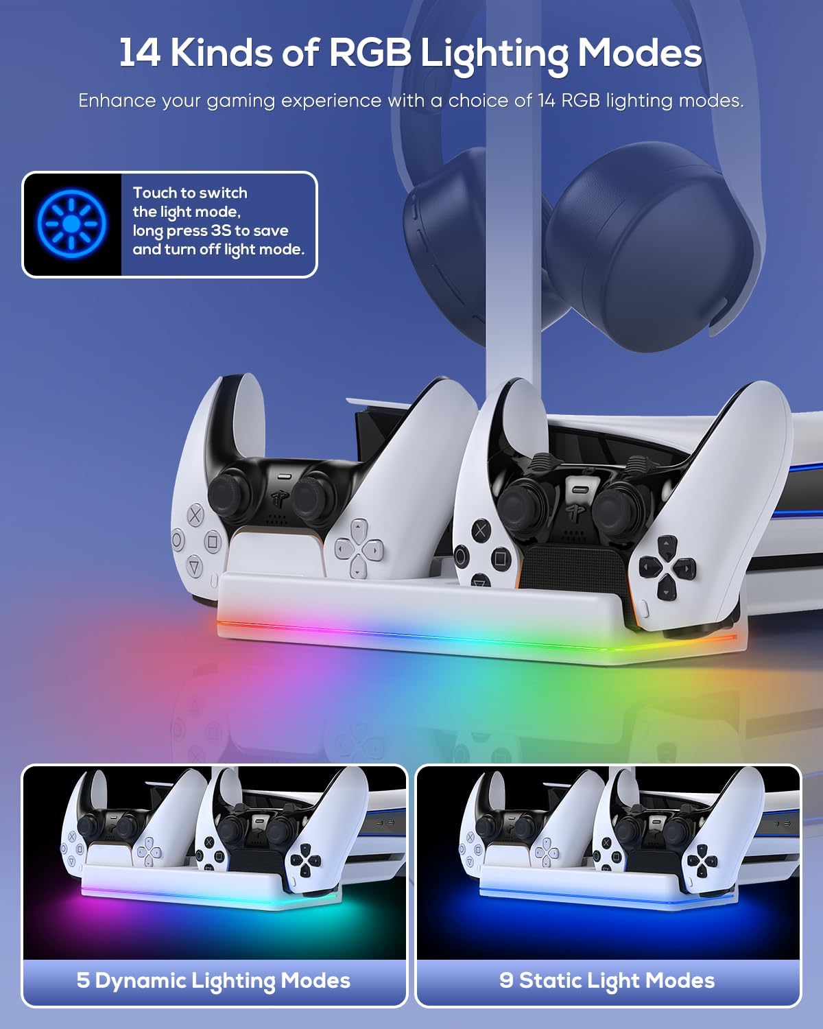RGB Horizontal Charging Stand & Auto Cooling Fan Station for PS5 Slim Digital & Disc/PS5 PRO Digital, Dual Charger for PlayStation 5/Elite Controllers, Accessories &14 RGB Light Modes & Headset Holder