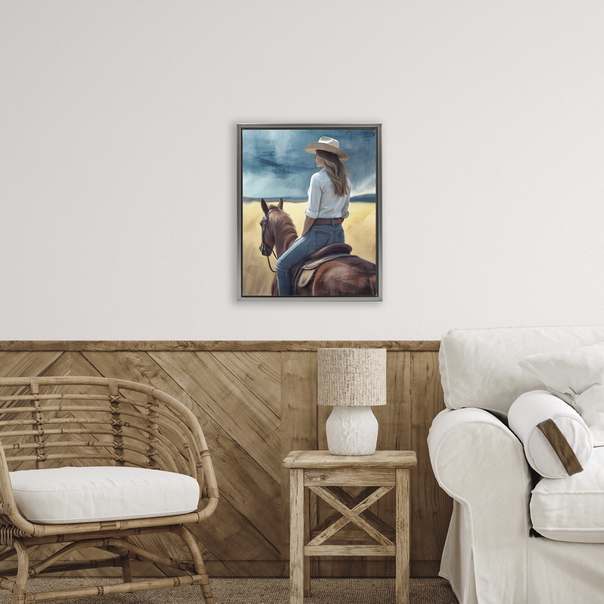 Countryside Cowgirl View Gray Framed Floater Canvas Wall Art, design by Kim Allen