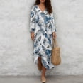 thumbnail image 4 of COEQINE Comfort Plus Size Dress 3/4 Sleeve Wrap V Neck Linen-Like Midi Tunic Dress for Women, Flowy Loose Fit Loungewear 1X 2X 3X 4X, Easy Care, Size 3XL, Blue Watercolor Tropical Leaf, 4 of 6