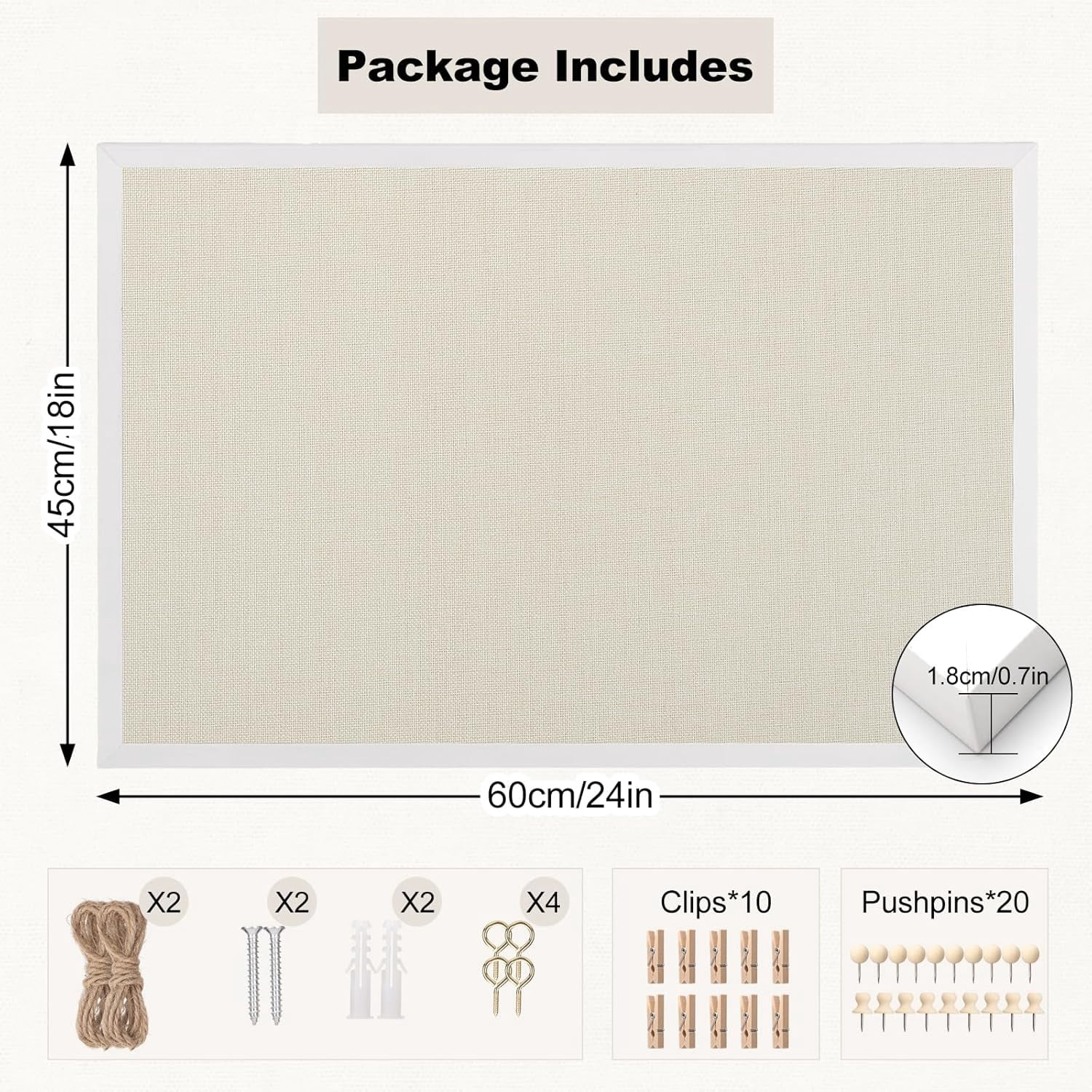 Cork Board with Linen, 24" x 18" Double-Sided Bulletin Corkboard for Wall Picture Display Framed Vision Boards Home Office School Pin 20 Pushpins &10 Clips