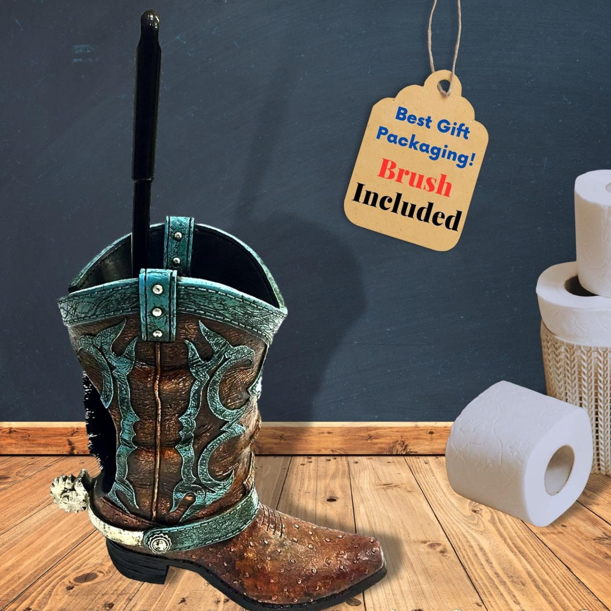 Decorative Western Cowboy Boot Spur Decor Toilet Bowl Cleaner Brush & Holder Set