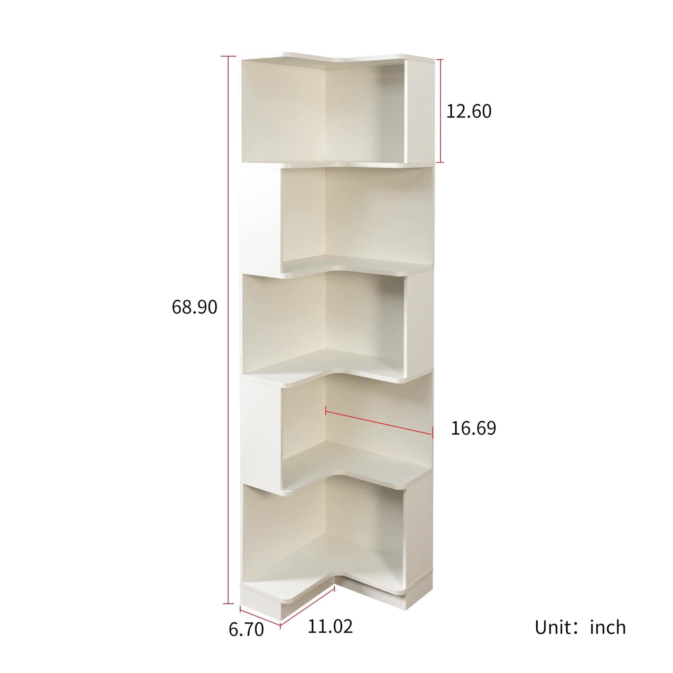 Noble House 68.9" Corner Bookshelf, 5-Tier L-Shaped Bookcase with Baffle & LED Lights, Space-Saving Design, White