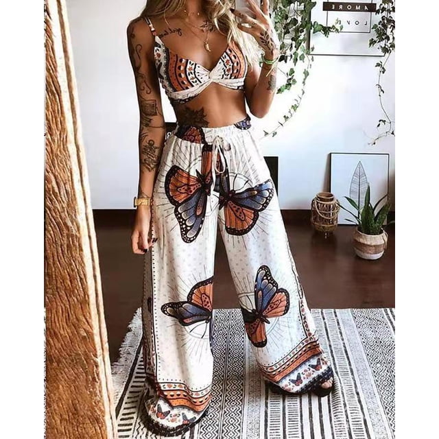 Conjunto de pantalones anchos de manga larga con estampado de leopardo y cuello en V para mujer, conjunto de 2 piezas, monos WD.WDQZL Ropa