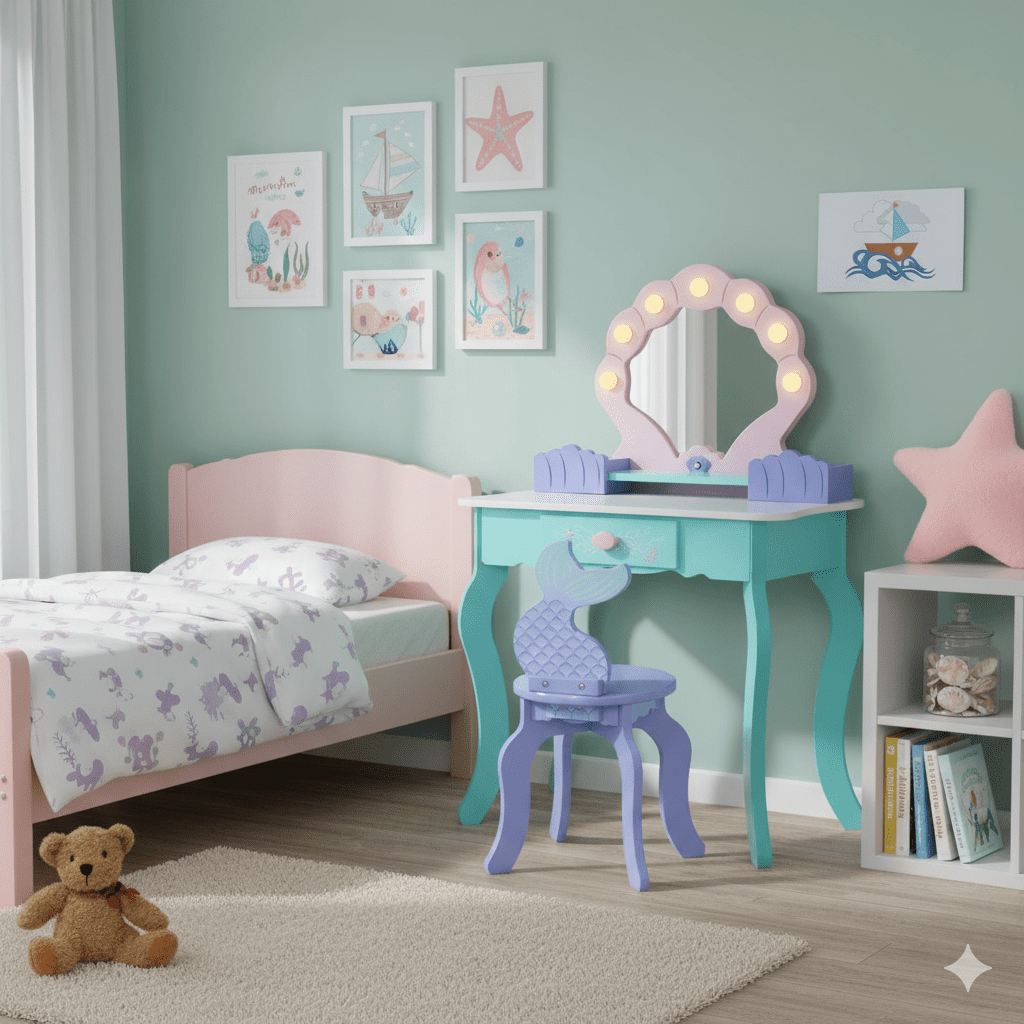 BRINJOY Kids Vanity with Lights, Wooden Princess Vanity for Girls, 2 in 1 Ocean Theme Toddler Dressing Table and Chair Set, Little Girl Makeup Vanity with Mirror for Children Birthday Christmas Gift