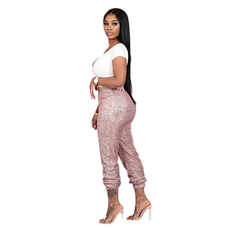 Stretchy Sequin Jogger Pants - Rose Gold