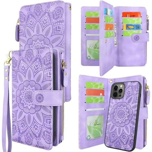 Compatible with iPhone 12 Pro Max Case Wallet Detachable Magnetic Zipper Leather Cash Pocket 12 Card Slots Holder Wrist Strap for iPhone 12 Pro Max 6.7 inch (Floral Lavender Purple)