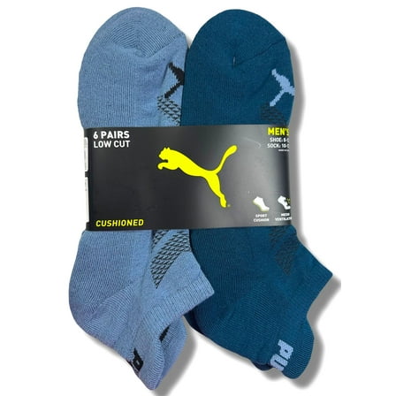 PUMA SOCKS MEN'S - LOW CUT - EDGE 253 - BLUE TEAL - LARGE (10-13) PACK 6 XX