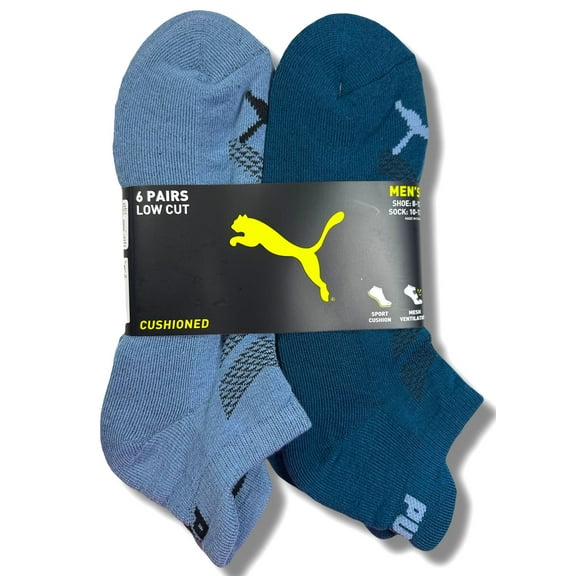PUMA SOCKS MEN'S - LOW CUT - EDGE 253 - BLUE TEAL - LARGE (10-13) PACK 6 XX