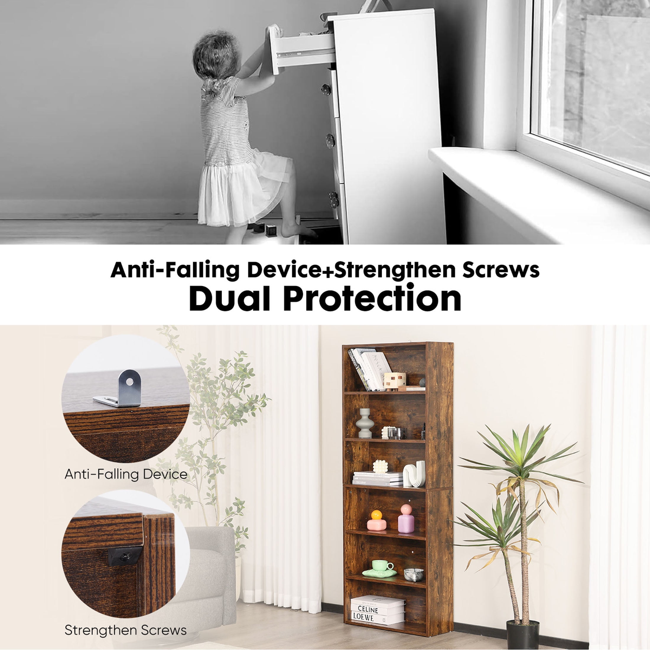 ZUNMOS 6 Shelf Bookcase, 63 Inch Tall Open Industrial Standing Bookshelf Large Storage for Home Office, Living Room, Bed Room, Rust